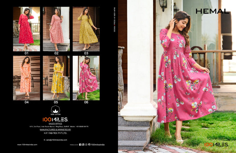 100 Miles Hemal Cotton Printed Stylish Fancy Long Gown Type Kurtis