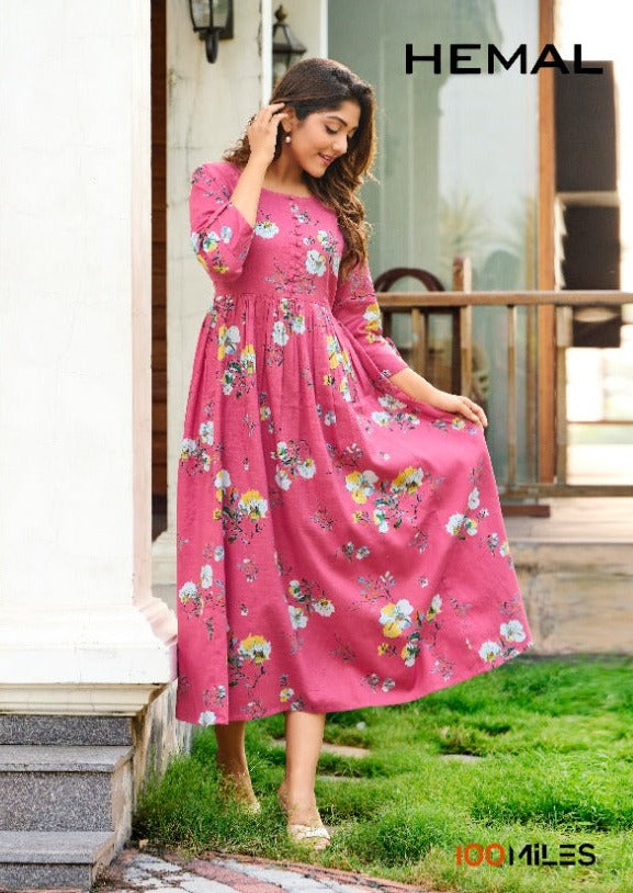 100 Miles Hemal Cotton Printed Stylish Fancy Long Gown Type Kurtis