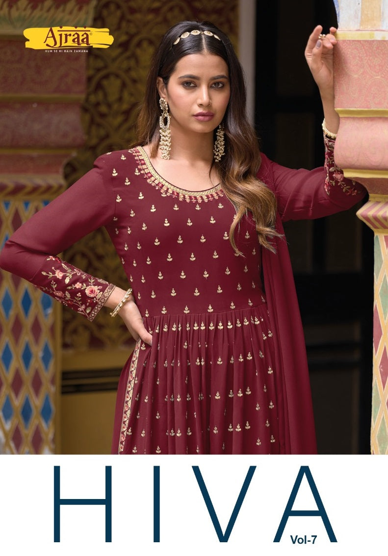 Ajraa Hiva Vol 7 Real Georgette Multi Embroidery Sequence Work Nyra Cut Partywear Designer Kurti