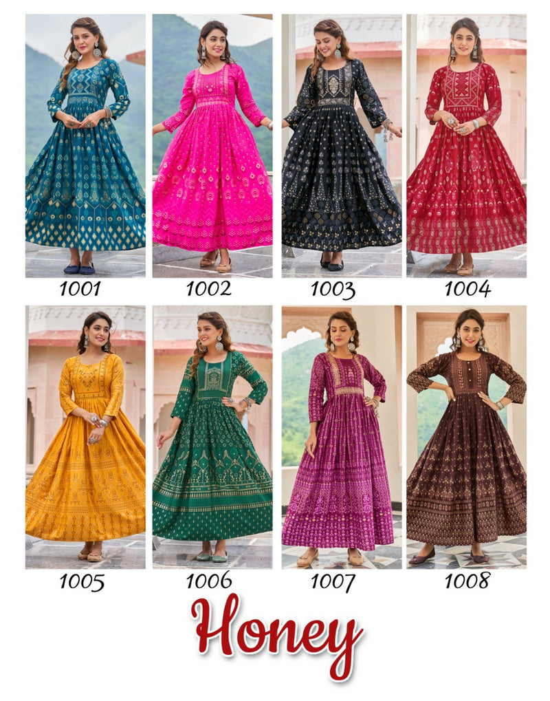 Radhika Honey Vol 1 Rayon With Printed Work Stylish Designer Party Wear Casual Look Long Gown