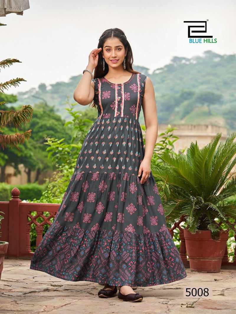 Blue Hills Hotstar Vol 5 Rayon With Printed Work stylish designer Party Wear Long Kurti