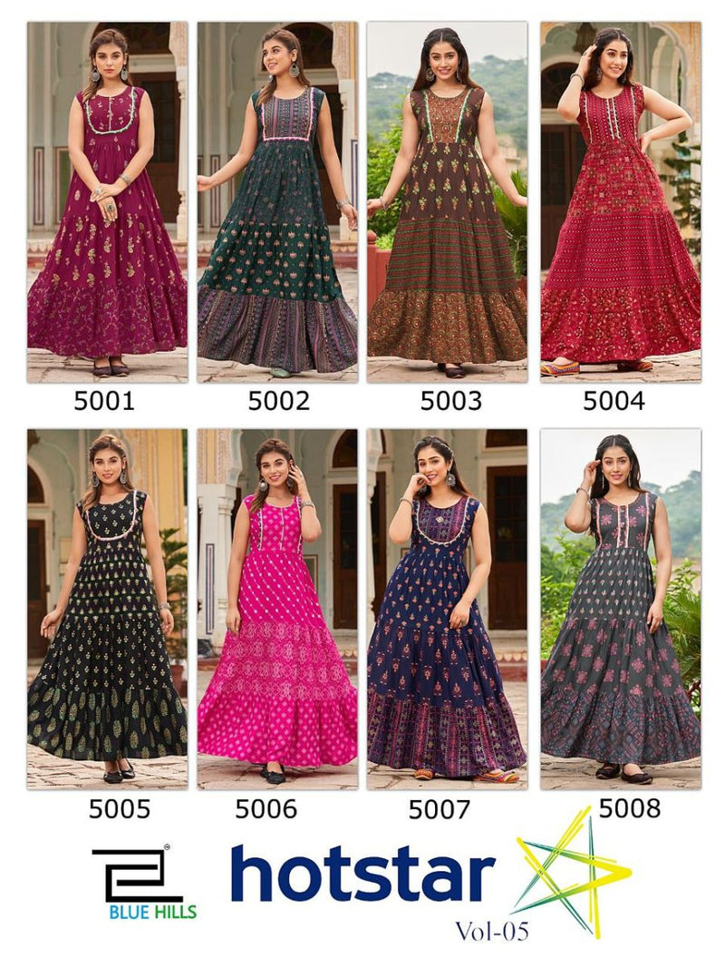 Blue Hills Hotstar Vol 5 Rayon With Printed Work stylish designer Party Wear Long Kurti