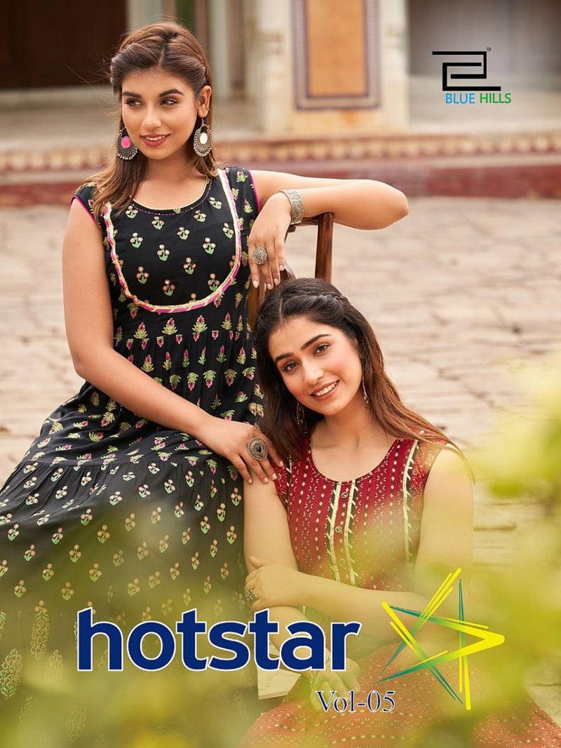 Blue Hills Hotstar Vol 5 Rayon With Printed Work stylish designer Party Wear Long Kurti
