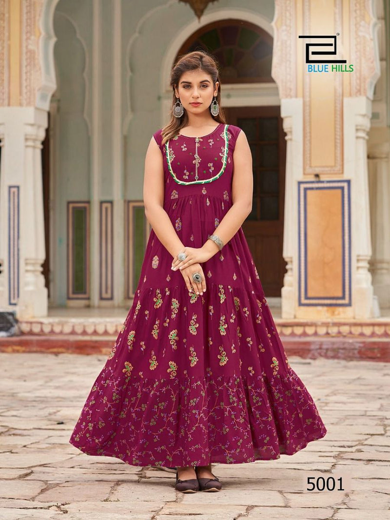 Blue Hills Hotstar Vol 5 Rayon With Printed Work stylish designer Party Wear Long Kurti