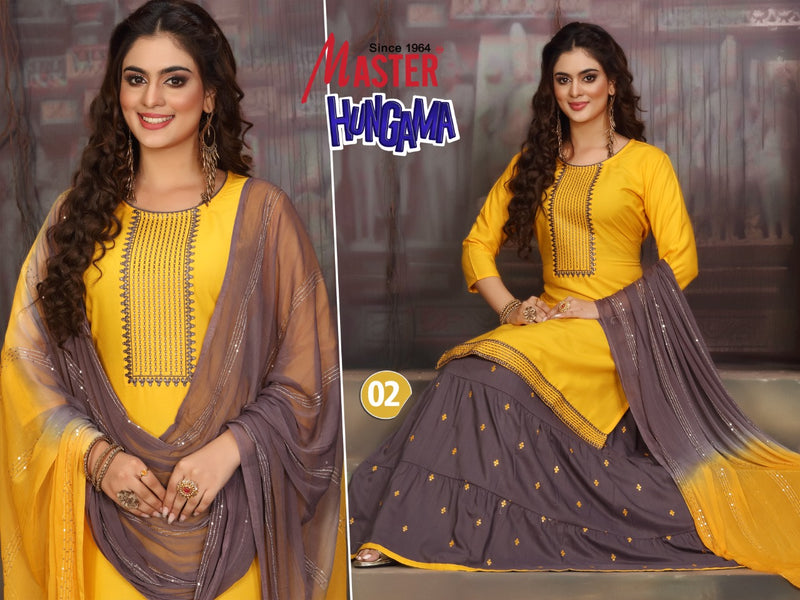 Master Hungama Rayon Fancy Stylish Festive Wear Kurtis With Skirt & Dupatta