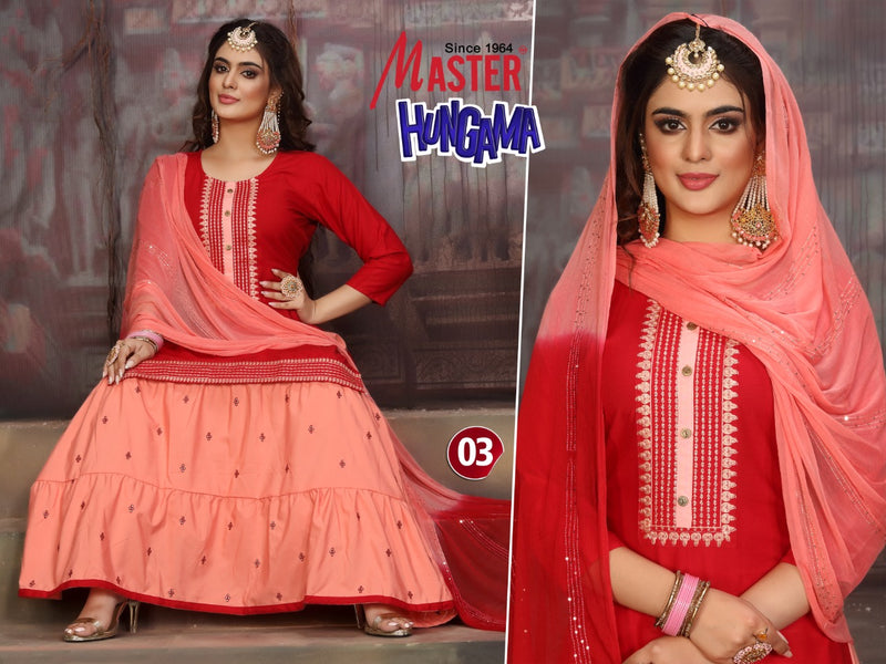 Master Hungama Rayon Fancy Stylish Festive Wear Kurtis With Skirt & Dupatta