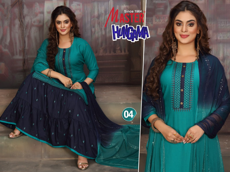 Master Hungama Rayon Fancy Stylish Festive Wear Kurtis With Skirt & Dupatta