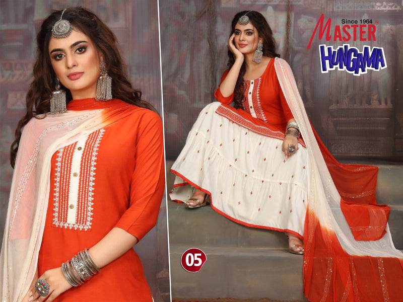Master Hungama Rayon Fancy Stylish Festive Wear Kurtis With Skirt & Dupatta