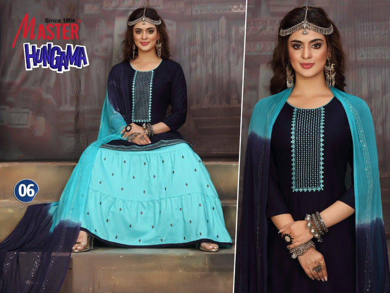 Master Hungama Rayon Fancy Stylish Festive Wear Kurtis With Skirt & Dupatta