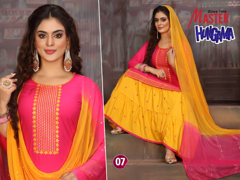 Master Hungama Rayon Fancy Stylish Festive Wear Kurtis With Skirt & Dupatta