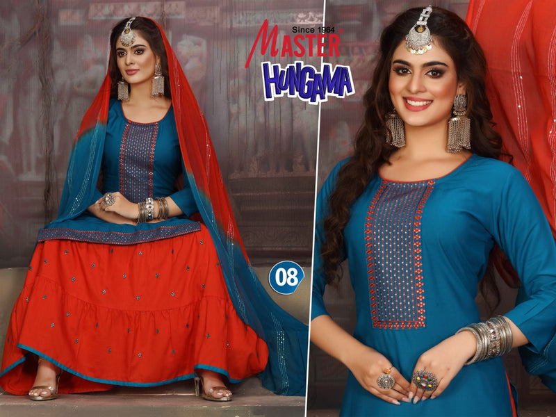 Master Hungama Rayon Fancy Stylish Festive Wear Kurtis With Skirt & Dupatta