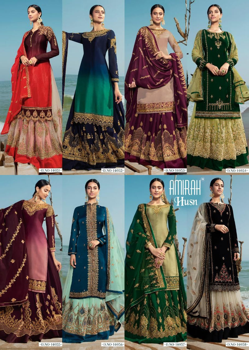 Amirah Husn Satin Georgette Heavy  Designer Wedding Wear Suits With Lehenga Bottom