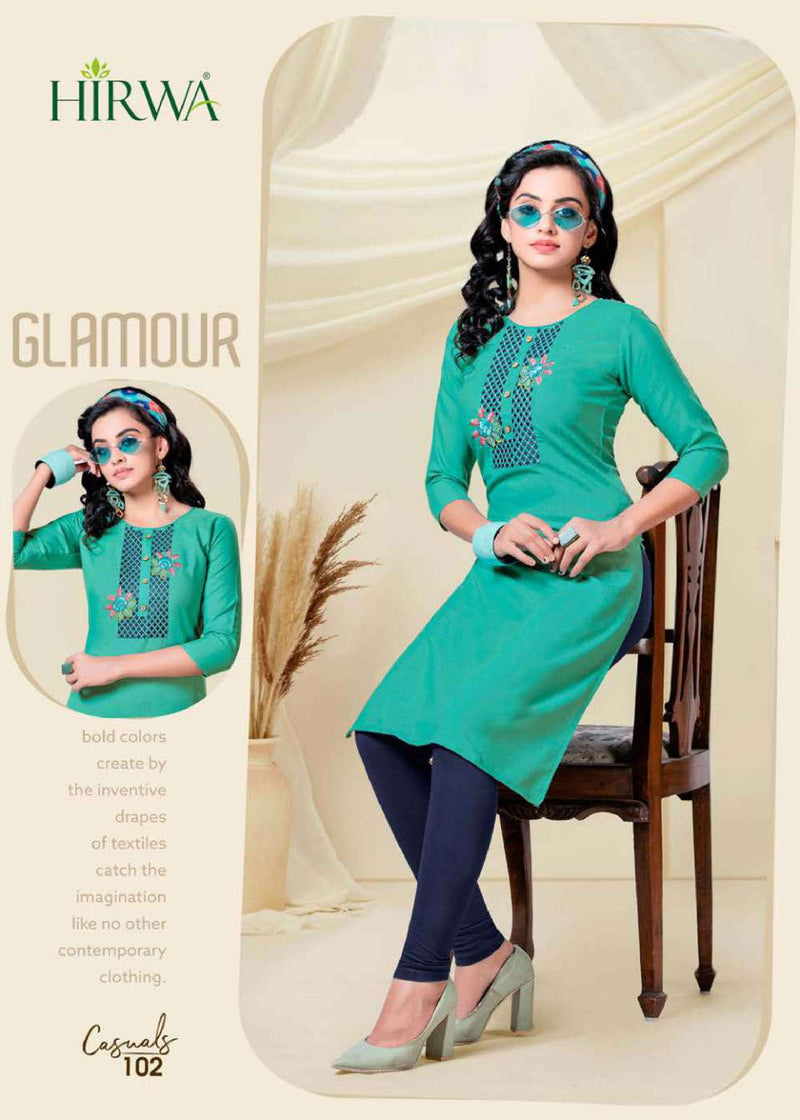 Hirwa Launch By Casuals Cotton With Embroidery Work Straight Fancy Long Exclusive Casual Wear Kurtis
