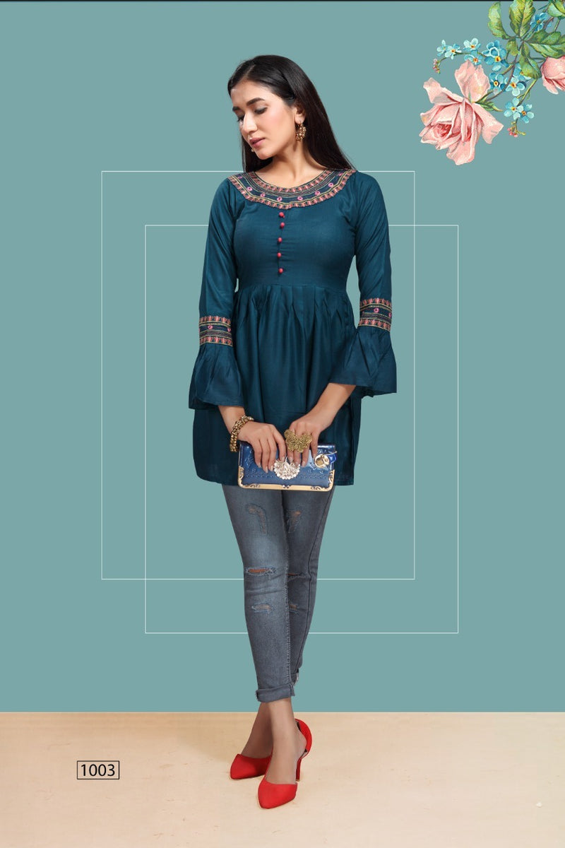 Fly Free Iconic Vol 3 Rayon Embroidery With Flair Fancy Short Kurtis