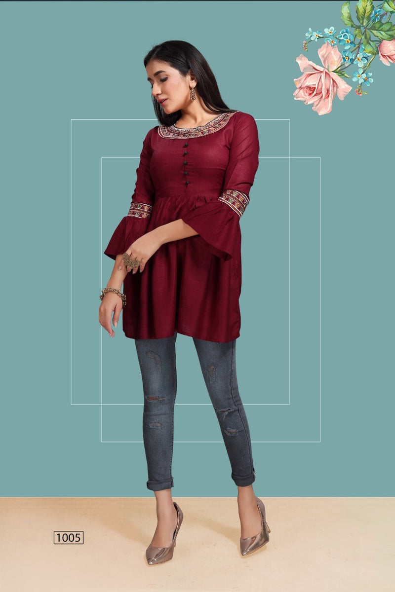 Fly Free Iconic Vol 3 Rayon Embroidery With Flair Fancy Short Kurtis