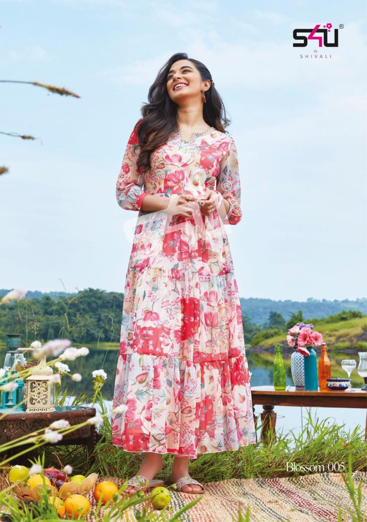 S4u Shivali Blossom Vol 2 Stylish Chiffon Printed Partywear Gown Style Kurti Collection