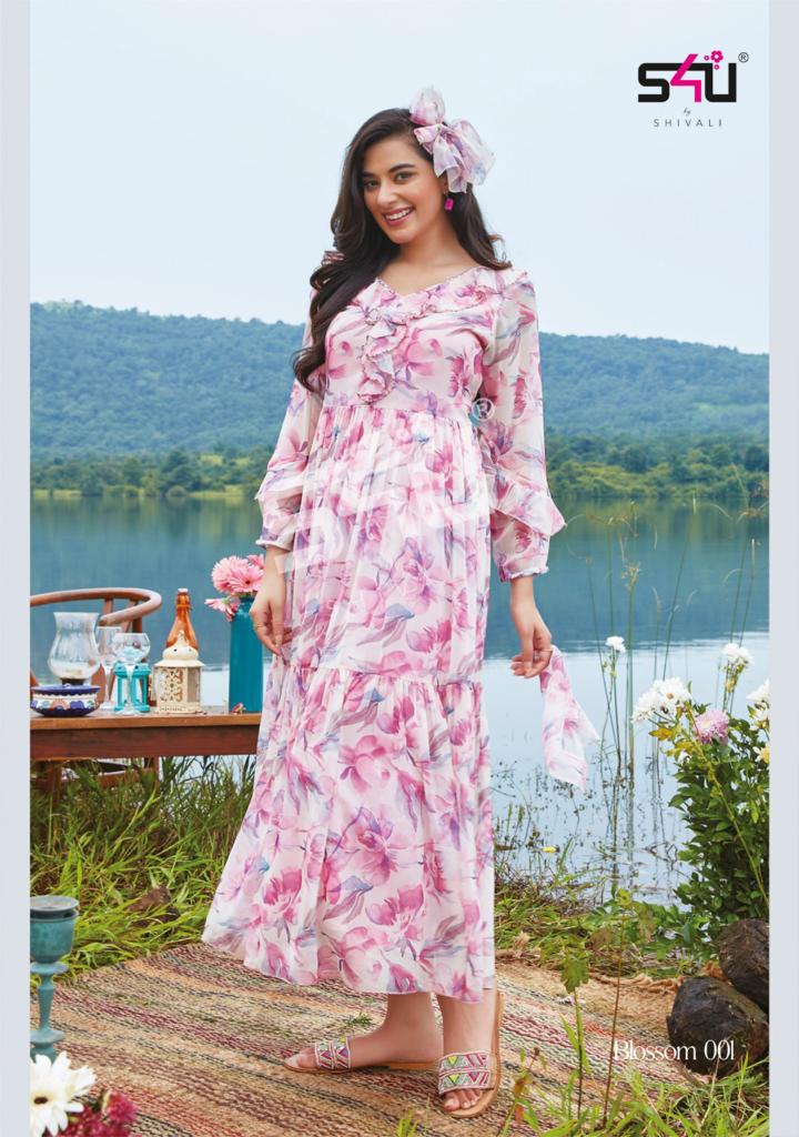 S4u Shivali Blossom Vol 2 Stylish Chiffon Printed Partywear Gown Style Kurti Collection