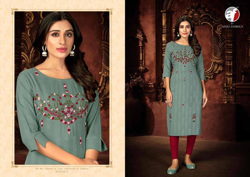 Anju Fabrics Impressive Vol 3 Viscose Rayon Stylish Fancy Designer Party Wear Kurtis With Khata Work