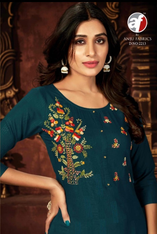 Anju Fabrics Impressive Vol 3 Viscose Rayon Stylish Fancy Designer Party Wear Kurtis With Khata Work