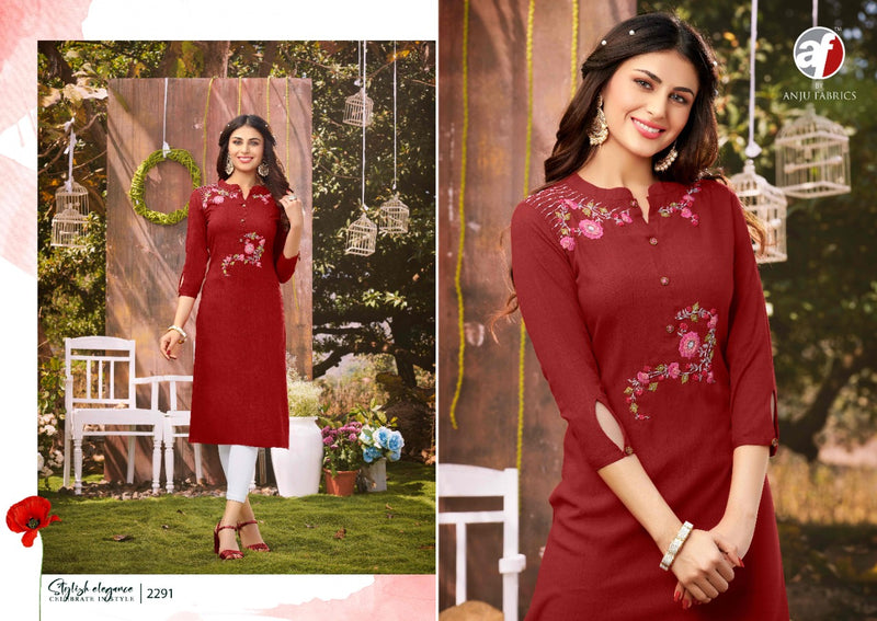 Anju Fabrics Impressive Vol 4 Viscose Rayon Fancy Stylish Party Wear Kurtis With Beautiful Embroidery