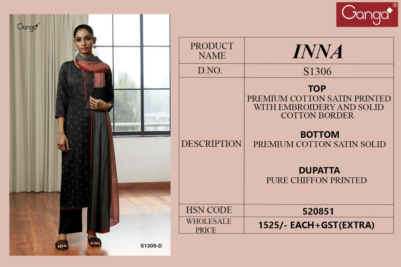 Ganga Inna 1306 Pure Cotton With Fancy Work Stylish Designer Attractive Look Fancy Salwar Kameez