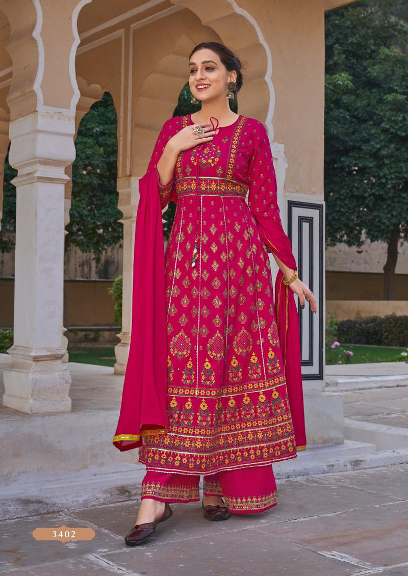 Rangoon Inspire Rayon Stylish Fancy Party Wear Kurtis With Mirror Work & Set Of Bottom & Dupatta