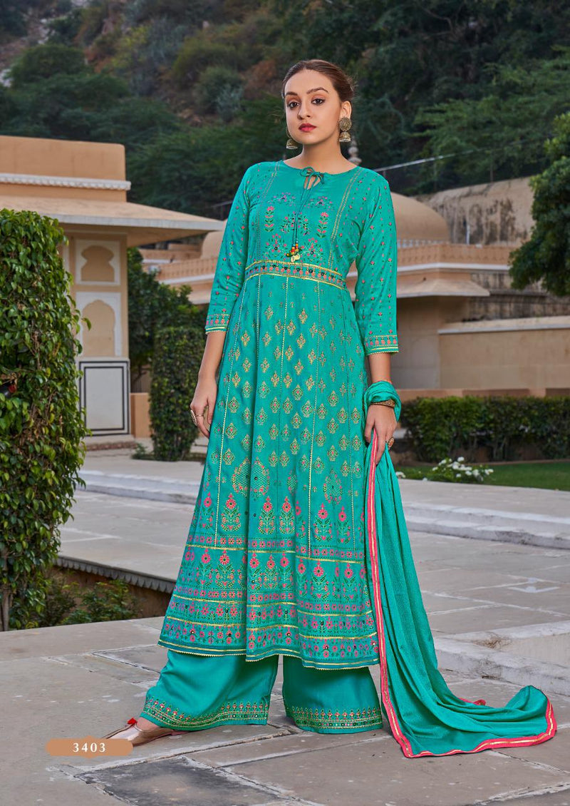 Rangoon Inspire Rayon Stylish Fancy Party Wear Kurtis With Mirror Work & Set Of Bottom & Dupatta