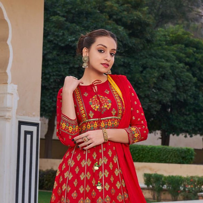 Rangoon Inspire Rayon Stylish Fancy Party Wear Kurtis With Mirror Work & Set Of Bottom & Dupatta