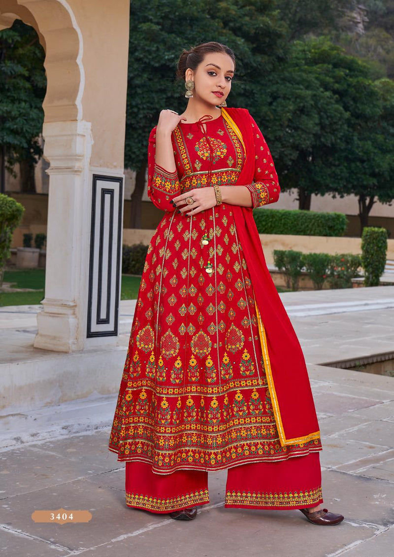 Rangoon Inspire Rayon Stylish Fancy Party Wear Kurtis With Mirror Work & Set Of Bottom & Dupatta