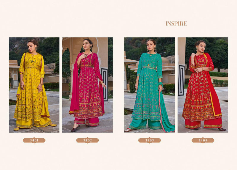 Rangoon Inspire Rayon Stylish Fancy Party Wear Kurtis With Mirror Work & Set Of Bottom & Dupatta