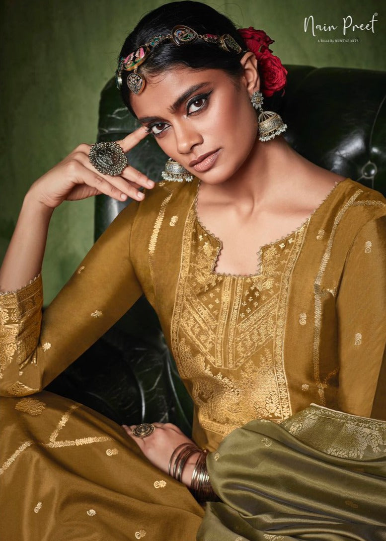 Mumtaz Nainpreet Iqraar Cream Silk Weaving Jacquard Party Wear Salwar Kameez With Embroidery