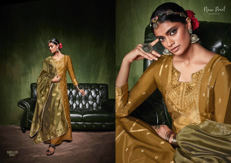 Mumtaz Nainpreet Iqraar Cream Silk Weaving Jacquard Party Wear Salwar Kameez With Embroidery