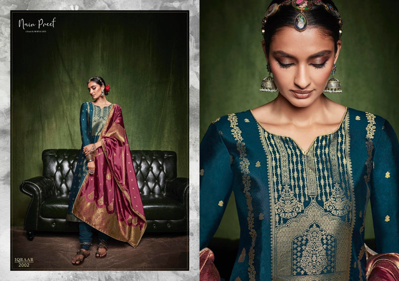 Mumtaz Nainpreet Iqraar Cream Silk Weaving Jacquard Party Wear Salwar Kameez With Embroidery
