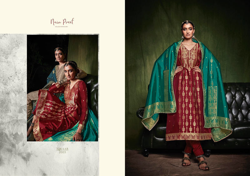 Mumtaz Nainpreet Iqraar Cream Silk Weaving Jacquard Party Wear Salwar Kameez With Embroidery