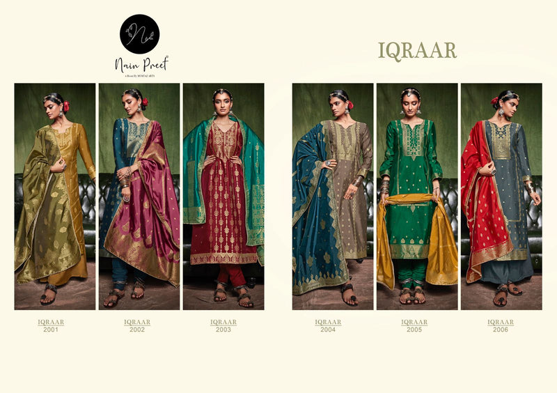 Mumtaz Nainpreet Iqraar Cream Silk Weaving Jacquard Party Wear Salwar Kameez With Embroidery
