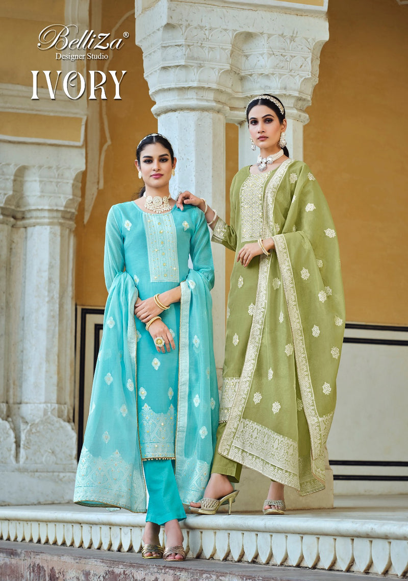 Belliza Designer Studio Ivory Cotton Weaving Jacquard Heavy Swarovski Work Fancy Designer Partywear Salwar Suit