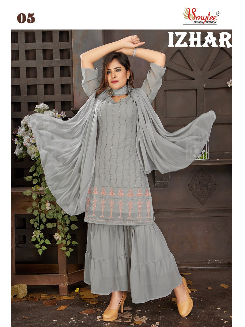 Smylee Fashion Izhaar Chiffon Embroidered Party Wear Kurtis With Sharara Bottom & Dupatta