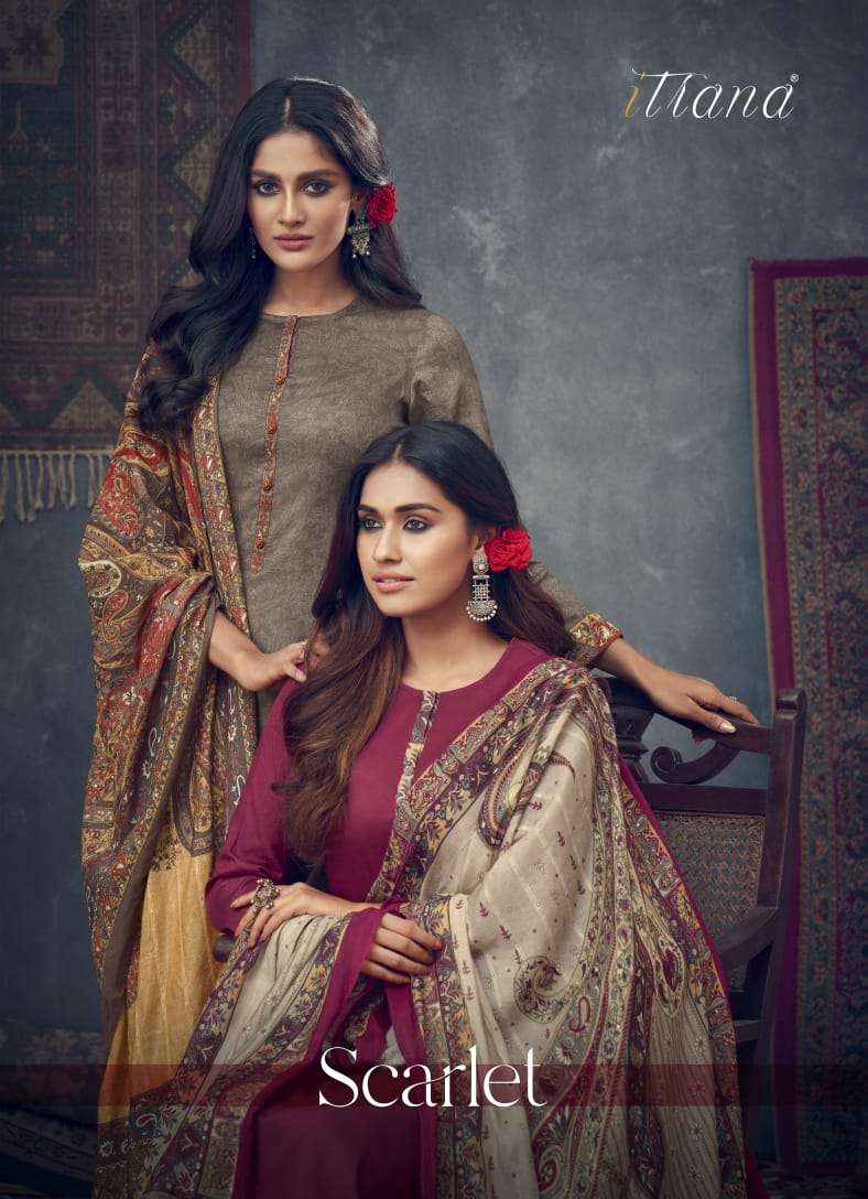 Itrana  Scralet Jam Satin Digital Print With Cotton Satin Digital Printed Neck Patti Suit
