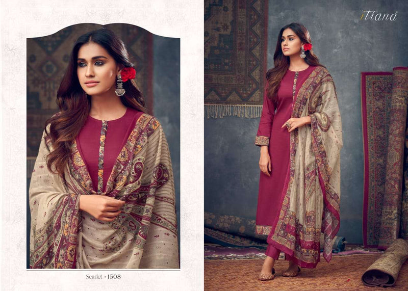 Itrana  Scralet Jam Satin Digital Print With Cotton Satin Digital Printed Neck Patti Suit
