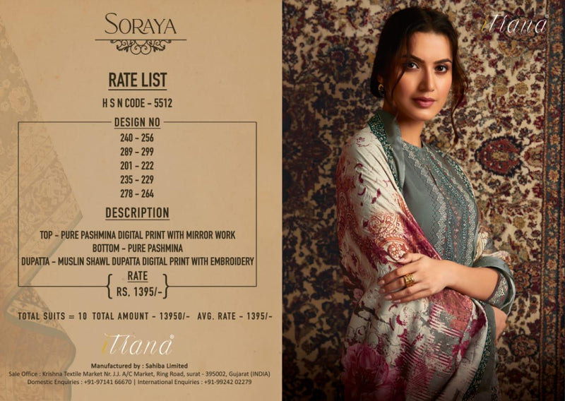 Itrana Sorya Pure Pashmina Digital Print Mirror Work Maslin Shawl Salwar Kameez