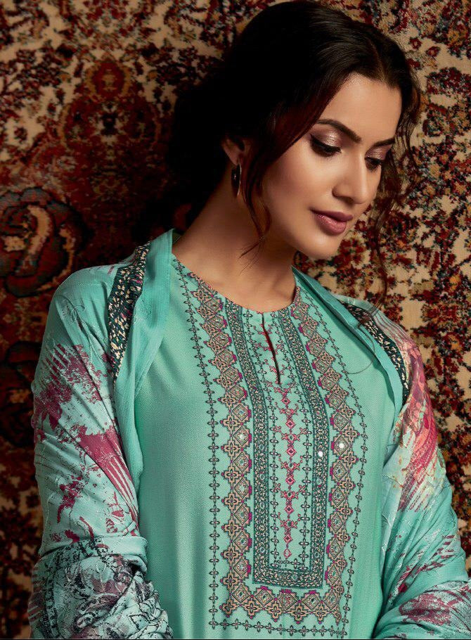 Itrana Sorya Pure Pashmina Digital Print Mirror Work Maslin Shawl Salwar Kameez
