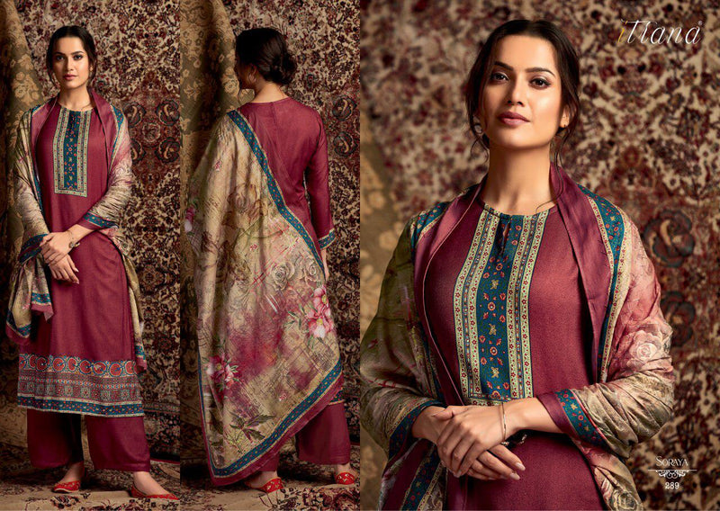 Itrana Sorya Pure Pashmina Digital Print Mirror Work Maslin Shawl Salwar Kameez