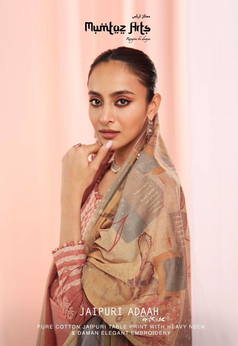 Mumtaz Arts Jaipuri Adaah Hit List Pure Lawn Cotton Digital Print Embroidery Work Neck Daman Embroidery Stylish Designer Salwar Suits