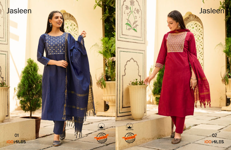 100 Miles Jasleen Pure Cotton With Fancy Embroidery Work Stylish Designer Festive Wear Kurti