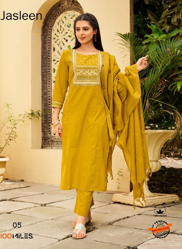 100 Miles Jasleen Pure Cotton With Fancy Embroidery Work Stylish Designer Festive Wear Kurti