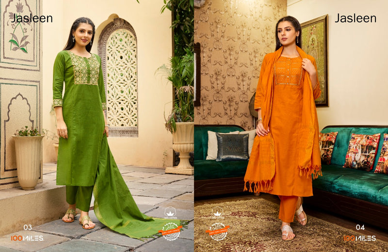 100 Miles Jasleen Pure Cotton With Fancy Embroidery Work Stylish Designer Festive Wear Kurti