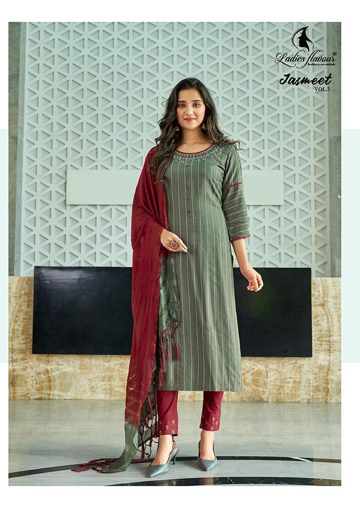 Ladies Flavour Jasmeet Vol 3 Rayon Strips Fancy Kurtis With Embroidery