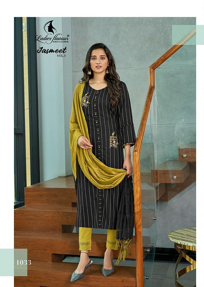 Ladies Flavour Jasmeet Vol 3 Rayon Strips Fancy Kurtis With Embroidery
