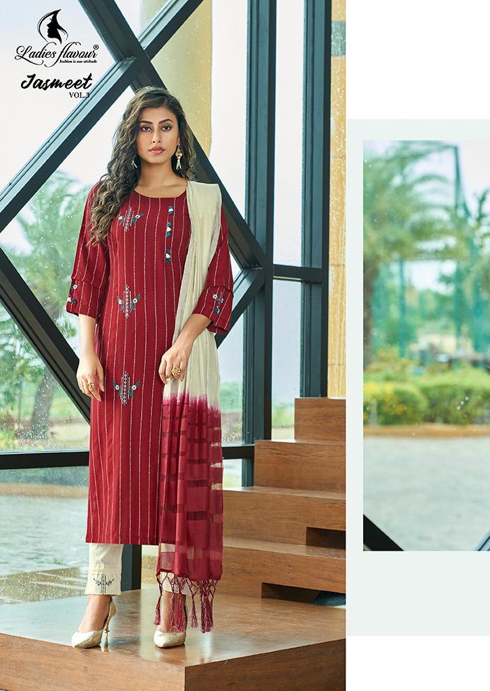 Ladies Flavour Jasmeet Vol 3 Rayon Strips Fancy Kurtis With Embroidery