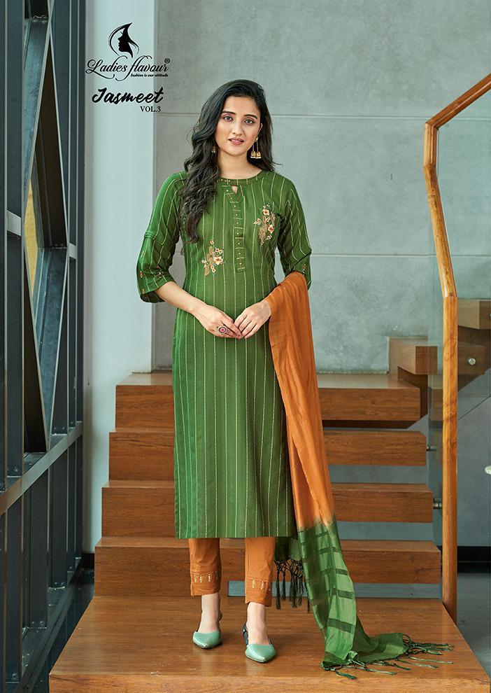 Ladies Flavour Jasmeet Vol 3 Rayon Strips Fancy Kurtis With Embroidery